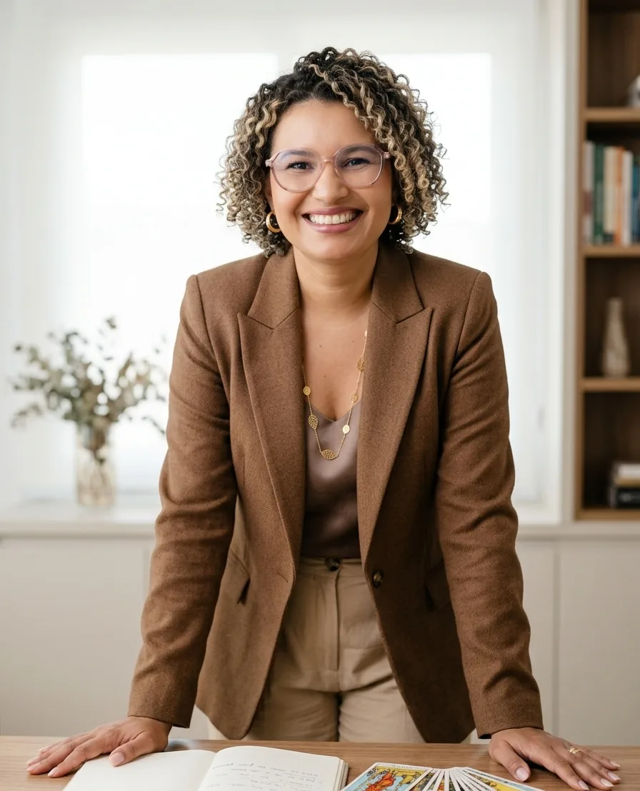Fabiana Silva com cartas de tarô e caderno sobre a mesa