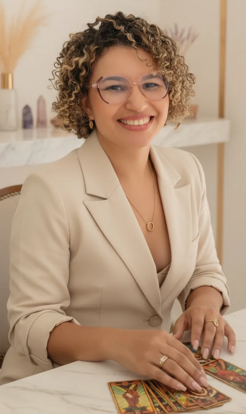 Fabiana Silva sorrindo, com as mãos sobre cartas de tarot em uma mesa de mármore